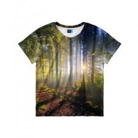Детская футболка 3D с принтом Утро в лесу в Курске, 100% гипоаллергенный полиэфир | прямой крой, круглый вырез горловины, длина до линии бедер, чуть спущенное плечо, ткань немного тянется | bright | fog | forest | morning | sun | tree | trees | дерево | деревья | лес | солнце | туман | утро | яркое