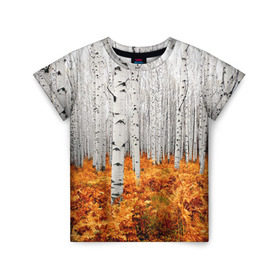 Детская футболка 3D с принтом Березовая роща в Курске, 100% гипоаллергенный полиэфир | прямой крой, круглый вырез горловины, длина до линии бедер, чуть спущенное плечо, ткань немного тянется | birch | birch grove | ferns | forest | trees | березовая | березы | деревья | лес | папоротник | роща