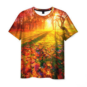 Мужская футболка 3D с принтом Осень в Курске, 100% полиэфир | прямой крой, круглый вырез горловины, длина до линии бедер | autumn | bright | colors | forest | trees | деревья | краски | лес | лучи | осень | солнце | цвета | яркие