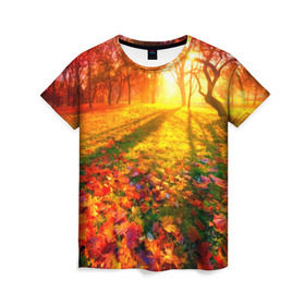 Женская футболка 3D с принтом Осень в Курске, 100% полиэфир ( синтетическое хлопкоподобное полотно) | прямой крой, круглый вырез горловины, длина до линии бедер | autumn | bright | colors | forest | trees | деревья | краски | лес | лучи | осень | солнце | цвета | яркие