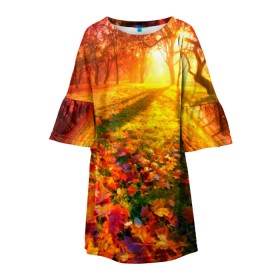 Детское платье 3D с принтом Осень в Курске, 100% полиэстер | прямой силуэт, чуть расширенный к низу. Круглая горловина, на рукавах — воланы | autumn | bright | colors | forest | trees | деревья | краски | лес | лучи | осень | солнце | цвета | яркие
