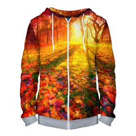 Мужская толстовка 3D на молнии с принтом Осень в Курске, 100% полиэстер | длина до линии бедра, манжеты и пояс оформлены мягкой тканевой резинкой, двухслойный капюшон со шнурком для регулировки, спереди молния, по бокам два кармана | autumn | bright | colors | forest | trees | деревья | краски | лес | лучи | осень | солнце | цвета | яркие