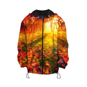 Детская куртка 3D с принтом Осень в Курске, 100% полиэстер | застежка — молния, подол и капюшон оформлены резинкой с фиксаторами, по бокам — два кармана без застежек, один потайной карман на груди, плотность верхнего слоя — 90 г/м2; плотность флисового подклада — 260 г/м2 | Тематика изображения на принте: autumn | bright | colors | forest | trees | деревья | краски | лес | лучи | осень | солнце | цвета | яркие