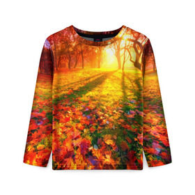 Детский лонгслив 3D с принтом Осень в Курске, 100% полиэстер | длинные рукава, круглый вырез горловины, полуприлегающий силуэт
 | autumn | bright | colors | forest | trees | деревья | краски | лес | лучи | осень | солнце | цвета | яркие