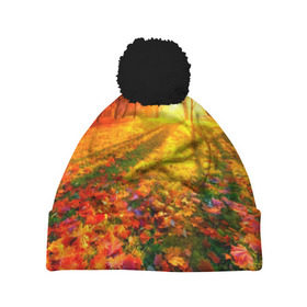 Шапка 3D c помпоном с принтом Осень в Курске, 100% полиэстер | универсальный размер, печать по всей поверхности изделия | autumn | bright | colors | forest | trees | деревья | краски | лес | лучи | осень | солнце | цвета | яркие
