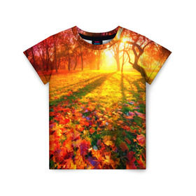 Детская футболка 3D с принтом Осень в Курске, 100% гипоаллергенный полиэфир | прямой крой, круглый вырез горловины, длина до линии бедер, чуть спущенное плечо, ткань немного тянется | autumn | bright | colors | forest | trees | деревья | краски | лес | лучи | осень | солнце | цвета | яркие