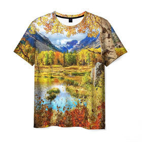 Мужская футболка 3D с принтом Горное озеро в Курске, 100% полиэфир | прямой крой, круглый вырез горловины, длина до линии бедер | autumn | bright | clouds | colors | forest | mountains | river | trees | горы | деревья | краски | лес | облака | осень | река | цвета | яркие