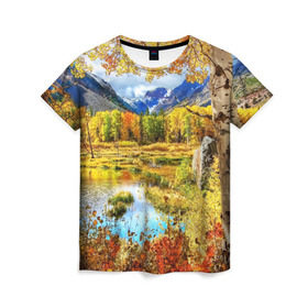 Женская футболка 3D с принтом Горное озеро в Курске, 100% полиэфир ( синтетическое хлопкоподобное полотно) | прямой крой, круглый вырез горловины, длина до линии бедер | autumn | bright | clouds | colors | forest | mountains | river | trees | горы | деревья | краски | лес | облака | осень | река | цвета | яркие