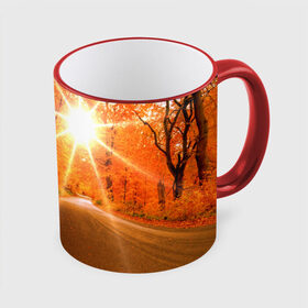 Кружка 3D с принтом Осеннее солнце в Курске, керамика | ёмкость 330 мл | autumn | bright | colors | forest | trees | деревья | дорога | краски | лес | лучи | осень | солнце | цвета | яркие