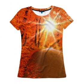 Женская футболка 3D с принтом Осеннее солнце в Курске, 100% полиэфир ( синтетическое хлопкоподобное полотно) | прямой крой, круглый вырез горловины, длина до линии бедер | autumn | bright | colors | forest | trees | деревья | дорога | краски | лес | лучи | осень | солнце | цвета | яркие
