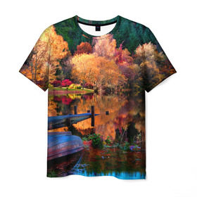 Мужская футболка 3D с принтом Осень в Курске, 100% полиэфир | прямой крой, круглый вырез горловины, длина до линии бедер | autumn | boat | bright | colors | forest | paint | river | trees | деревья | краски | лес | лодка | осень | река | цвета | яркие