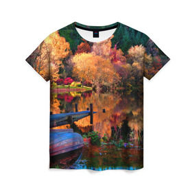 Женская футболка 3D с принтом Осень в Курске, 100% полиэфир ( синтетическое хлопкоподобное полотно) | прямой крой, круглый вырез горловины, длина до линии бедер | autumn | boat | bright | colors | forest | paint | river | trees | деревья | краски | лес | лодка | осень | река | цвета | яркие
