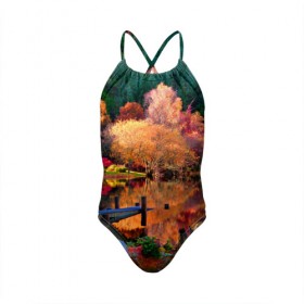 Детский купальник 3D с принтом Осень в Курске, Полиэстер 85%, Спандекс 15% | Слитный крой, подклад по переду изделия, узкие бретели | autumn | boat | bright | colors | forest | paint | river | trees | деревья | краски | лес | лодка | осень | река | цвета | яркие