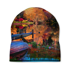 Шапка 3D с принтом Осень в Курске, 100% полиэстер | универсальный размер, печать по всей поверхности изделия | autumn | boat | bright | colors | forest | paint | river | trees | деревья | краски | лес | лодка | осень | река | цвета | яркие