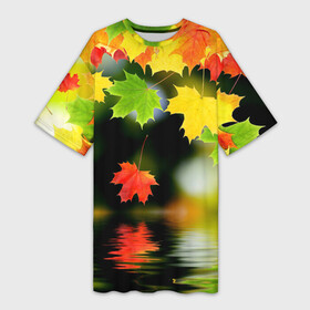 Платье-футболка 3D с принтом Осень в Курске,  |  | autumn | bright | color | forest | leaves | maple | paint | reflection | river | trees | деревья | клён | краски | лес | листья | осень | отражение | река | цвета | яркие