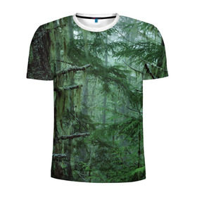 Мужская футболка 3D спортивная с принтом Дремучий лес в Курске, 100% полиэстер с улучшенными характеристиками | приталенный силуэт, круглая горловина, широкие плечи, сужается к линии бедра | Тематика изображения на принте: camouflage | dense | fog | forest | spruce | tree | дремучий | ёлка | ельник | камуфляж | лес | маскировка | туман
