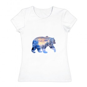 Женская футболка хлопок с принтом медведь зима в Курске, 100% хлопок | прямой крой, круглый вырез горловины, длина до линии бедер, слегка спущенное плечо | деревья | зима | медведь | облака | снег | солнце
