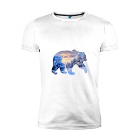 Мужская футболка премиум с принтом медведь зима в Курске, 92% хлопок, 8% лайкра | приталенный силуэт, круглый вырез ворота, длина до линии бедра, короткий рукав | деревья | зима | медведь | облака | снег | солнце