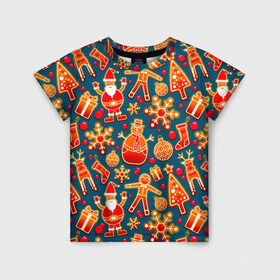 Детская футболка 3D с принтом Рождество в Курске, 100% гипоаллергенный полиэфир | прямой крой, круглый вырез горловины, длина до линии бедер, чуть спущенное плечо, ткань немного тянется | колокольчик | олень | паттерн | свеча | снежинка | фон | шарик