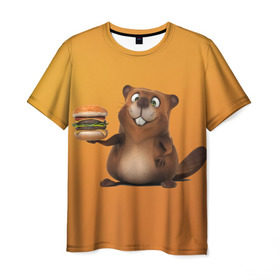 Мужская футболка 3D с принтом Бобренок в Курске, 100% полиэфир | прямой крой, круглый вырез горловины, длина до линии бедер | бобер | бобрик | гамбургер | дети. ярко | еда | желтый. весело | креатив | прикол