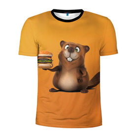 Мужская футболка 3D спортивная с принтом Бобренок в Курске, 100% полиэстер с улучшенными характеристиками | приталенный силуэт, круглая горловина, широкие плечи, сужается к линии бедра | бобер | бобрик | гамбургер | дети. ярко | еда | желтый. весело | креатив | прикол