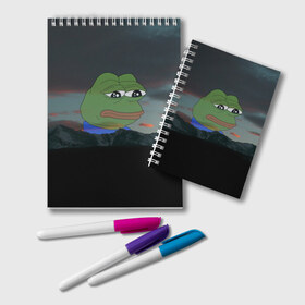 Блокнот с принтом Sad frog в Курске, 100% бумага | 48 листов, плотность листов — 60 г/м2, плотность картонной обложки — 250 г/м2. Листы скреплены удобной пружинной спиралью. Цвет линий — светло-серый
 | Тематика изображения на принте: pepe | пепе