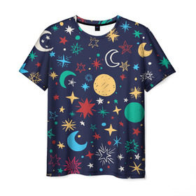 Мужская футболка 3D с принтом Звездное небо в Курске, 100% полиэфир | прямой крой, круглый вырез горловины, длина до линии бедер | абстракция | арт | звезды | космос | луна | месяц | небо | планеты