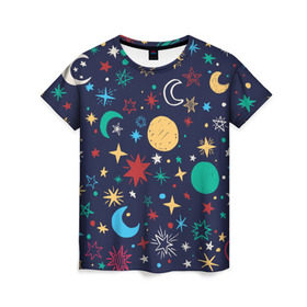 Женская футболка 3D с принтом Звездное небо в Курске, 100% полиэфир ( синтетическое хлопкоподобное полотно) | прямой крой, круглый вырез горловины, длина до линии бедер | абстракция | арт | звезды | космос | луна | месяц | небо | планеты
