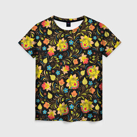 Женская футболка 3D с принтом Цветочный узор в Курске, 100% полиэфир ( синтетическое хлопкоподобное полотно) | прямой крой, круглый вырез горловины, длина до линии бедер | лепестки | орнамент | прикольные картинки | узор | цветочки | цветы