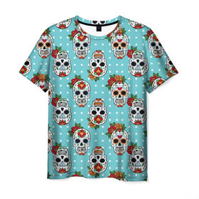 Мужская футболка 3D с принтом Узор Черепа Чикано в Курске, 100% полиэфир | прямой крой, круглый вырез горловины, длина до линии бедер | кости | мексика | мозаика | узор | цветы | череп | чикано