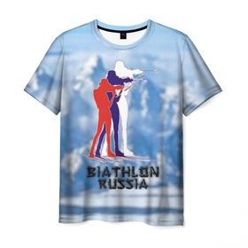 Мужская футболка 3D с принтом Biathlon russia в Курске, 100% полиэфир | прямой крой, круглый вырез горловины, длина до линии бедер | биатлон
