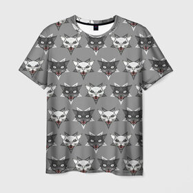 Мужская футболка 3D с принтом Злые котики в Курске, 100% полиэфир | прямой крой, круглый вырез горловины, длина до линии бедер | дьявол | звезда | кот | котик | кошка | милота | пентаграмма | серый | юмор