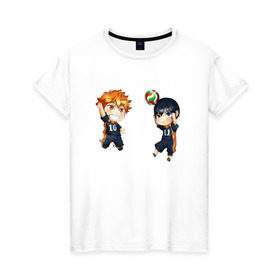 Женская футболка хлопок с принтом Сёё Хината и Тобио Кагэяма в Курске, 100% хлопок | прямой крой, круглый вырез горловины, длина до линии бедер, слегка спущенное плечо | haikyuu | сёё хината | тобио кагэяма