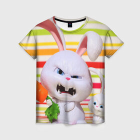 Женская футболка 3D с принтом Злой кролик в Курске, 100% полиэфир ( синтетическое хлопкоподобное полотно) | прямой крой, круглый вырез горловины, длина до линии бедер | Тематика изображения на принте: животные | злой | игрушка | кролик | мультфильм | тайная жизнь домашних животных