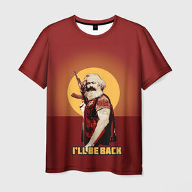 Мужская футболка 3D с принтом Маркс: I`ll Be Back в Курске, 100% полиэфир | прямой крой, круглый вырез горловины, длина до линии бедер | карл маркс | маркс | о.м.с.к. | революция