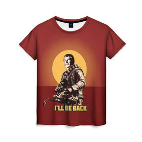 Женская футболка 3D с принтом Сталин: I`ll Be Back в Курске, 100% полиэфир ( синтетическое хлопкоподобное полотно) | прямой крой, круглый вырез горловины, длина до линии бедер | Тематика изображения на принте: история | о.м.с.к. | революция | ссср | сталин | супергерои