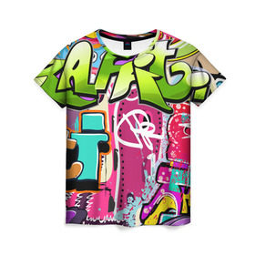 Женская футболка 3D с принтом Граффити в Курске, 100% полиэфир ( синтетическое хлопкоподобное полотно) | прямой крой, круглый вырез горловины, длина до линии бедер | балон | граффити | краски | молодежь | рисунок | стена | стиль | улица | уличный образ