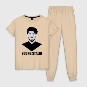 Женская пижама хлопок с принтом Young Stalin в Курске, 100% хлопок | брюки и футболка прямого кроя, без карманов, на брюках мягкая резинка на поясе и по низу штанин | молодой | патриот | россия | советский | ссср | сталин