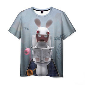 Мужская футболка 3D с принтом Кролик с газетой в Курске, 100% полиэфир | прямой крой, круглый вырез горловины, длина до линии бедер | Тематика изображения на принте: rabbids | вантуз | горшок | зайцы засранцы | заяц | туалет