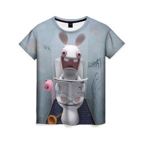 Женская футболка 3D с принтом Кролик с газетой в Курске, 100% полиэфир ( синтетическое хлопкоподобное полотно) | прямой крой, круглый вырез горловины, длина до линии бедер | rabbids | вантуз | горшок | зайцы засранцы | заяц | туалет