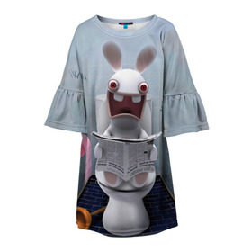 Детское платье 3D с принтом Кролик с газетой в Курске, 100% полиэстер | прямой силуэт, чуть расширенный к низу. Круглая горловина, на рукавах — воланы | Тематика изображения на принте: rabbids | вантуз | горшок | зайцы засранцы | заяц | туалет