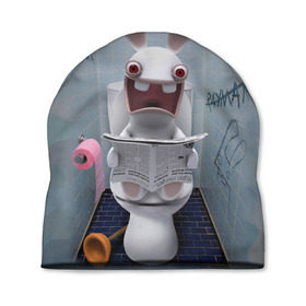 Шапка 3D с принтом Кролик с газетой в Курске, 100% полиэстер | универсальный размер, печать по всей поверхности изделия | rabbids | вантуз | горшок | зайцы засранцы | заяц | туалет