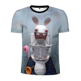 Мужская футболка 3D спортивная с принтом Кролик с газетой в Курске, 100% полиэстер с улучшенными характеристиками | приталенный силуэт, круглая горловина, широкие плечи, сужается к линии бедра | rabbids | вантуз | горшок | зайцы засранцы | заяц | туалет
