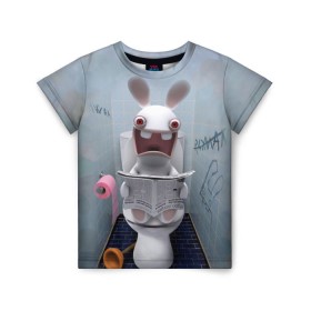 Детская футболка 3D с принтом Кролик с газетой в Курске, 100% гипоаллергенный полиэфир | прямой крой, круглый вырез горловины, длина до линии бедер, чуть спущенное плечо, ткань немного тянется | rabbids | вантуз | горшок | зайцы засранцы | заяц | туалет