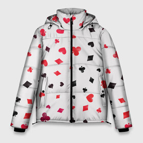 Мужская зимняя куртка 3D с принтом Карточные масти в Курске, верх — 100% полиэстер; подкладка — 100% полиэстер; утеплитель — 100% полиэстер | длина ниже бедра, свободный силуэт Оверсайз. Есть воротник-стойка, отстегивающийся капюшон и ветрозащитная планка. 

Боковые карманы с листочкой на кнопках и внутренний карман на молнии. | бубны | казино | карты | крести | пики | покер | туз | червы