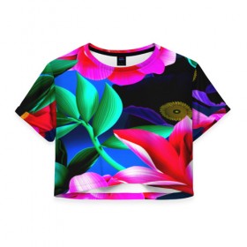 Женская футболка 3D укороченная с принтом Цветочки в Курске, 100% полиэстер | круглая горловина, длина футболки до линии талии, рукава с отворотами | розовые | цветы