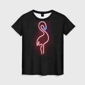 Женская футболка 3D с принтом Светящийся фламинго в Курске, 100% полиэфир ( синтетическое хлопкоподобное полотно) | прямой крой, круглый вырез горловины, длина до линии бедер | неон | птицы | фламинго