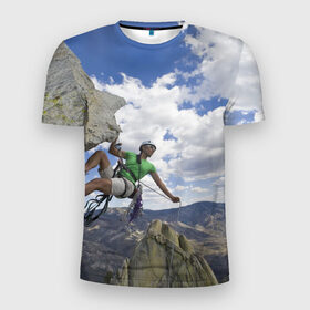 Мужская футболка 3D спортивная с принтом На пике славы в Курске, 100% полиэстер с улучшенными характеристиками | приталенный силуэт, круглая горловина, широкие плечи, сужается к линии бедра | альпинист | горы | дерево | новинки | природа