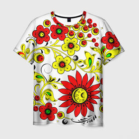 Мужская футболка 3D с принтом Хохлома 1 в Курске, 100% полиэфир | прямой крой, круглый вырез горловины, длина до линии бедер | деревня | жар | живопись | новинки | птица | русь | традиции | цветы
