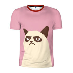 Мужская футболка 3D спортивная с принтом Grumpy cat pink в Курске, 100% полиэстер с улучшенными характеристиками | приталенный силуэт, круглая горловина, широкие плечи, сужается к линии бедра | Тематика изображения на принте: кот | мем | угрюмый